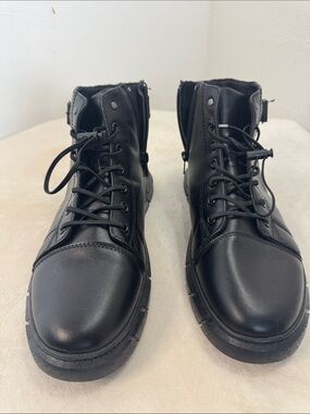 Black Lace-Up Ankle Booties with Side Zipper Unisex Size 43 Chic Goth Moto Work
